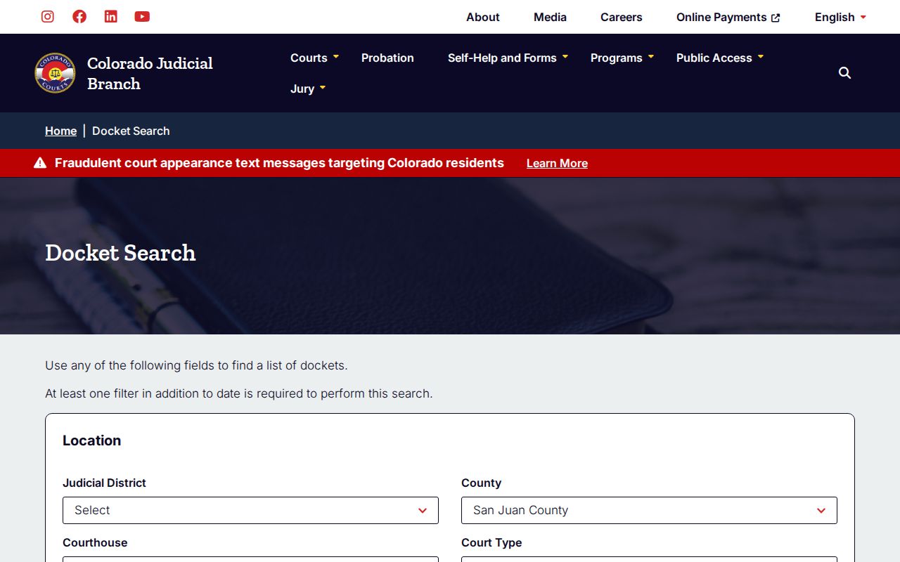 Blank Colorado docket filters for a San Juan County warrant lookup